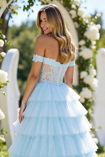 Blue Tulle A Line Off the Shoulder Long Formal Dress with Slit