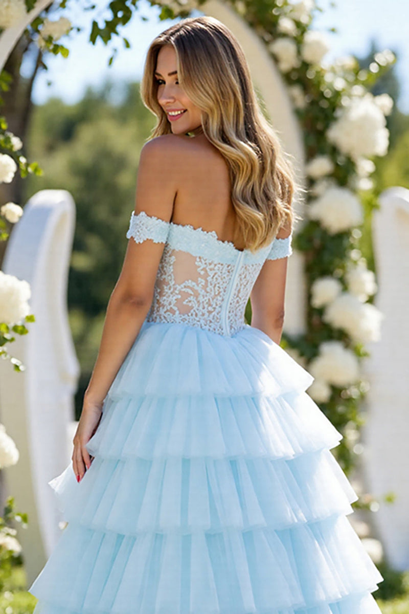 Load image into Gallery viewer, Blue Tulle A Line Off the Shoulder Long Formal Dress with Slit