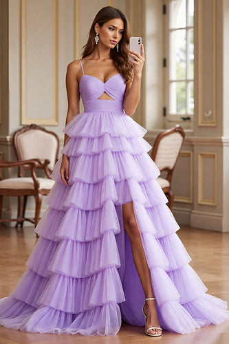 Purple Tulle A Line Spaghetti Straps Ruffled Long Formal Dress with Slit
