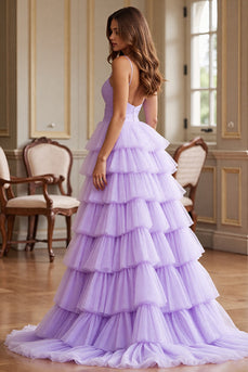 Purple Tulle A Line Spaghetti Straps Ruffled Long Formal Dress with Slit