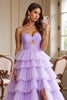 Load image into Gallery viewer, Purple Tulle A Line Spaghetti Straps Ruffled Long Formal Dress with Slit