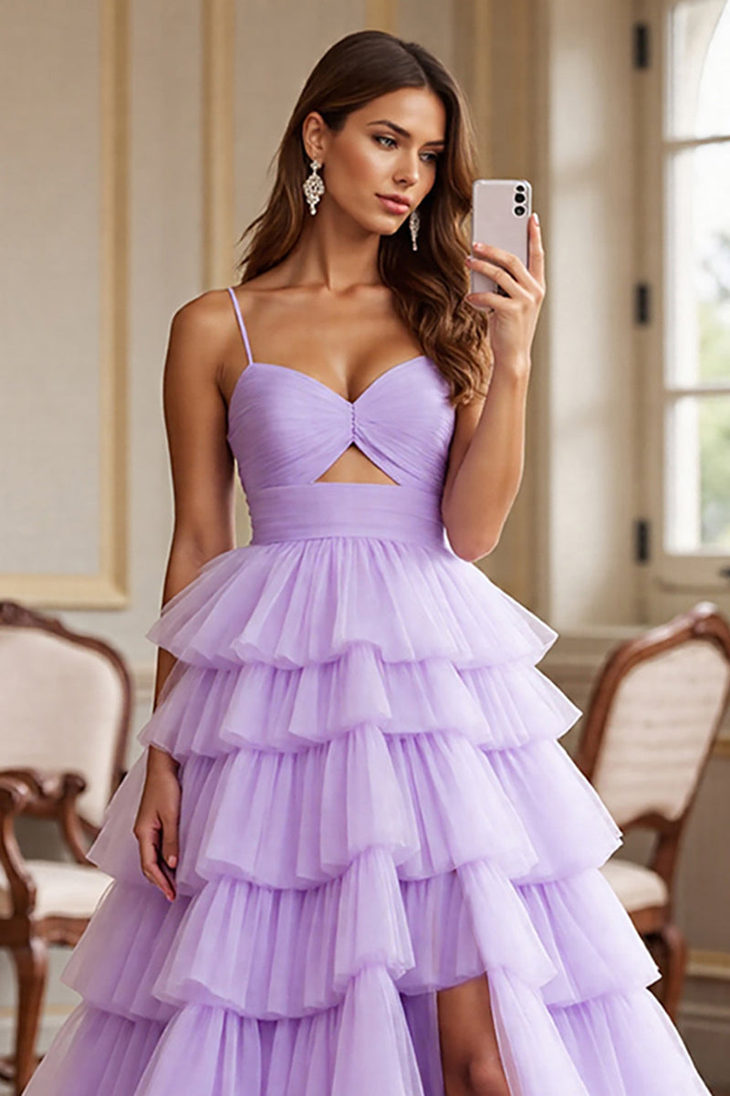Load image into Gallery viewer, Purple Tulle A Line Spaghetti Straps Ruffled Long Formal Dress with Slit
