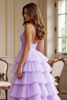 Load image into Gallery viewer, Purple Tulle A Line Spaghetti Straps Ruffled Long Formal Dress with Slit