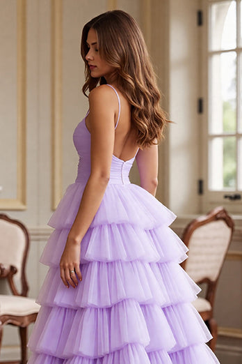 Purple Tulle A Line Spaghetti Straps Ruffled Long Formal Dress with Slit