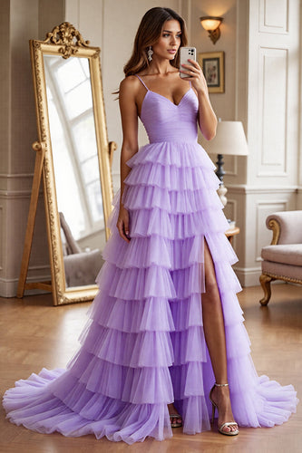 Purple Spaghetti Straps Tulle A Line Tiered Long Formal Dress with Slit