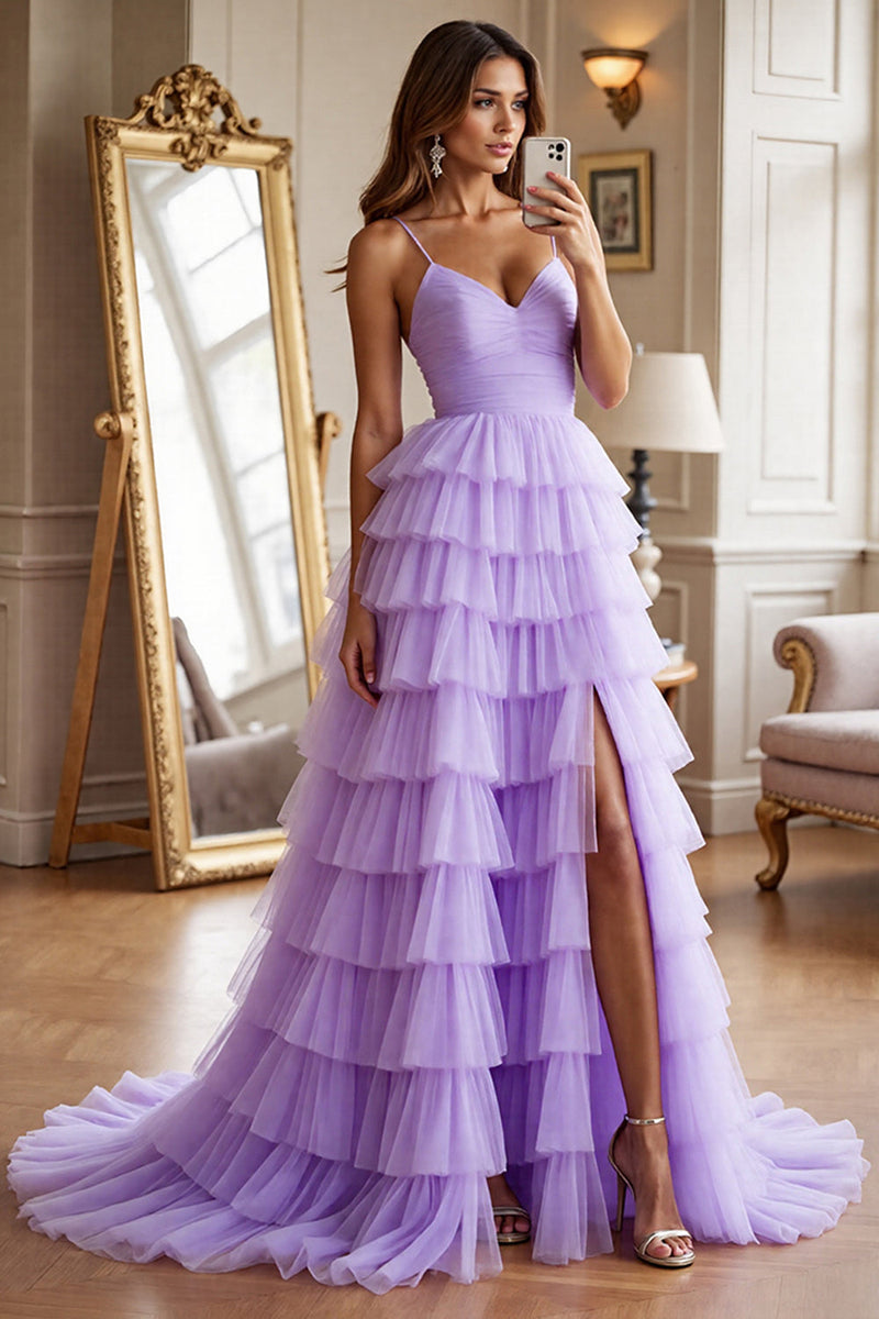 Load image into Gallery viewer, Purple Spaghetti Straps Tulle A Line Tiered Long Formal Dress with Slit