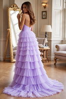 Load image into Gallery viewer, Purple Spaghetti Straps Tulle A Line Tiered Long Formal Dress with Slit