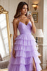 Load image into Gallery viewer, Purple Spaghetti Straps Tulle A Line Tiered Long Formal Dress with Slit