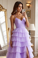 Load image into Gallery viewer, Purple Spaghetti Straps Tulle A Line Tiered Long Formal Dress with Slit