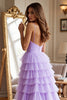 Load image into Gallery viewer, Purple Spaghetti Straps Tulle A Line Tiered Long Formal Dress with Slit