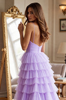 Load image into Gallery viewer, Purple Spaghetti Straps Tulle A Line Tiered Long Formal Dress with Slit
