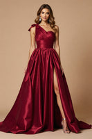 Load image into Gallery viewer, Burgundy A Line Satin One Shoulder Long Formal Dress with Slit