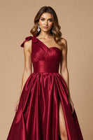 Load image into Gallery viewer, Burgundy A Line Satin One Shoulder Long Formal Dress with Slit