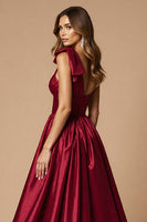 Load image into Gallery viewer, Burgundy A Line Satin One Shoulder Long Formal Dress with Slit