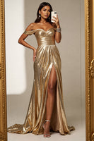 Load image into Gallery viewer, Golden Metallic A Line Off the Shoulder Long Formal Dress with Slit