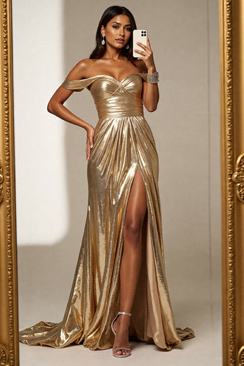 Golden Metallic A Line Off the Shoulder Long Formal Dress with Slit