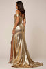 Load image into Gallery viewer, Golden Metallic A Line Off the Shoulder Long Formal Dress with Slit