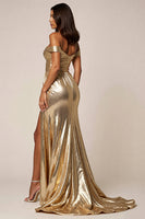 Load image into Gallery viewer, Golden Metallic A Line Off the Shoulder Long Formal Dress with Slit