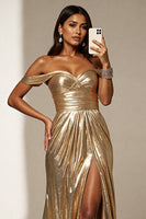 Load image into Gallery viewer, Golden Metallic A Line Off the Shoulder Long Formal Dress with Slit