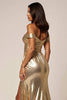 Load image into Gallery viewer, Golden Metallic A Line Off the Shoulder Long Formal Dress with Slit