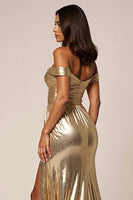 Load image into Gallery viewer, Golden Metallic A Line Off the Shoulder Long Formal Dress with Slit