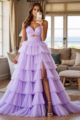 Purple Tulle Tiered A Line Long Formal Dress with Slit