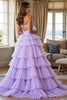 Load image into Gallery viewer, Purple Tulle Tiered A Line Long Formal Dress with Slit