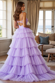 Purple Tulle Tiered A Line Long Formal Dress with Slit