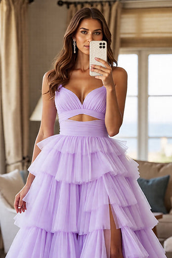 Purple Tulle Tiered A Line Long Formal Dress with Slit