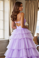 Load image into Gallery viewer, Purple Tulle Tiered A Line Long Formal Dress with Slit
