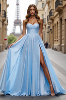 Load image into Gallery viewer, Blue Satin A Line Sweetheart Long Formal Dress with Slit