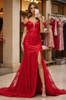 Load image into Gallery viewer, Red Lace Mermaid Corset Long Formal Dress with Slit