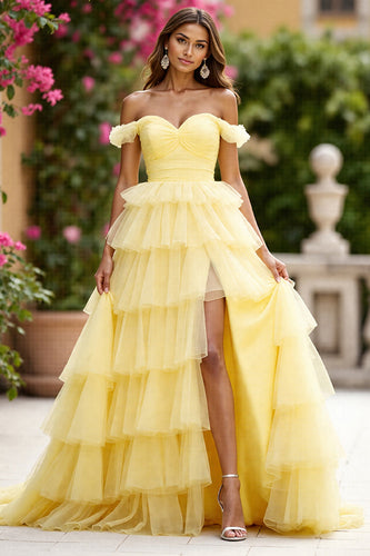 Yellow Tulle Ball Gown Tiered Long Formal Dress with Slit
