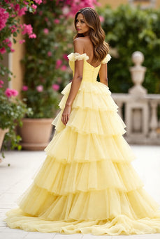 Yellow Tulle Ball Gown Tiered Long Formal Dress with Slit