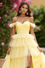 Load image into Gallery viewer, Yellow Tulle Ball Gown Tiered Long Formal Dress with Slit