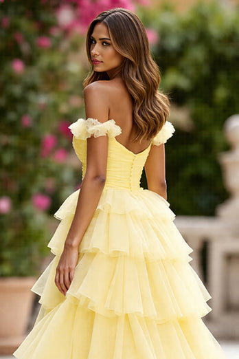 Yellow Tulle Ball Gown Tiered Long Formal Dress with Slit