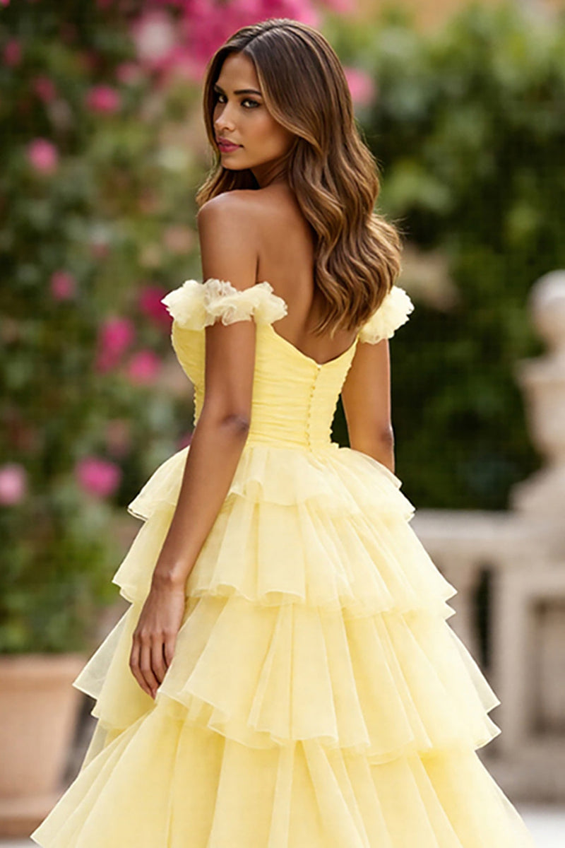Load image into Gallery viewer, Yellow Tulle Ball Gown Tiered Long Formal Dress with Slit