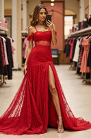 Load image into Gallery viewer, Red Cold Shoulder Long Lace Formal Dress with Slit