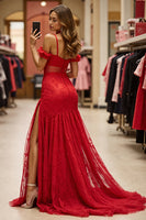 Load image into Gallery viewer, Red Cold Shoulder Long Lace Formal Dress with Slit