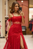 Load image into Gallery viewer, Red Cold Shoulder Long Lace Formal Dress with Slit