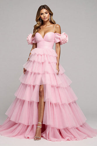 Pink Floral Tulle Tiered A Line Long Formal Dress with Slit