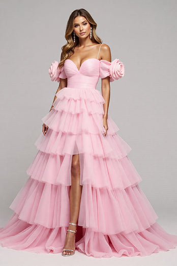 Pink Floral Tulle Tiered A Line Long Formal Dress with Slit