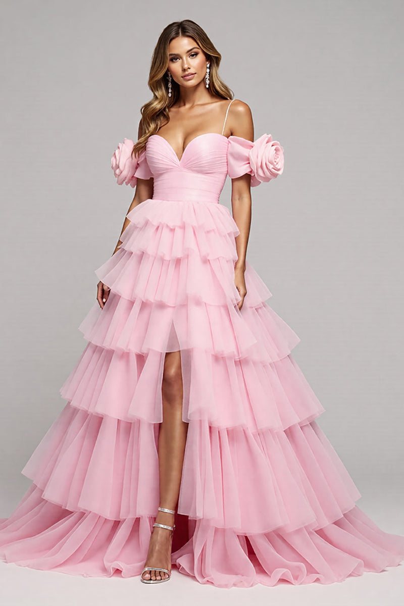 Load image into Gallery viewer, Pink Floral Tulle Tiered A Line Long Formal Dress with Slit