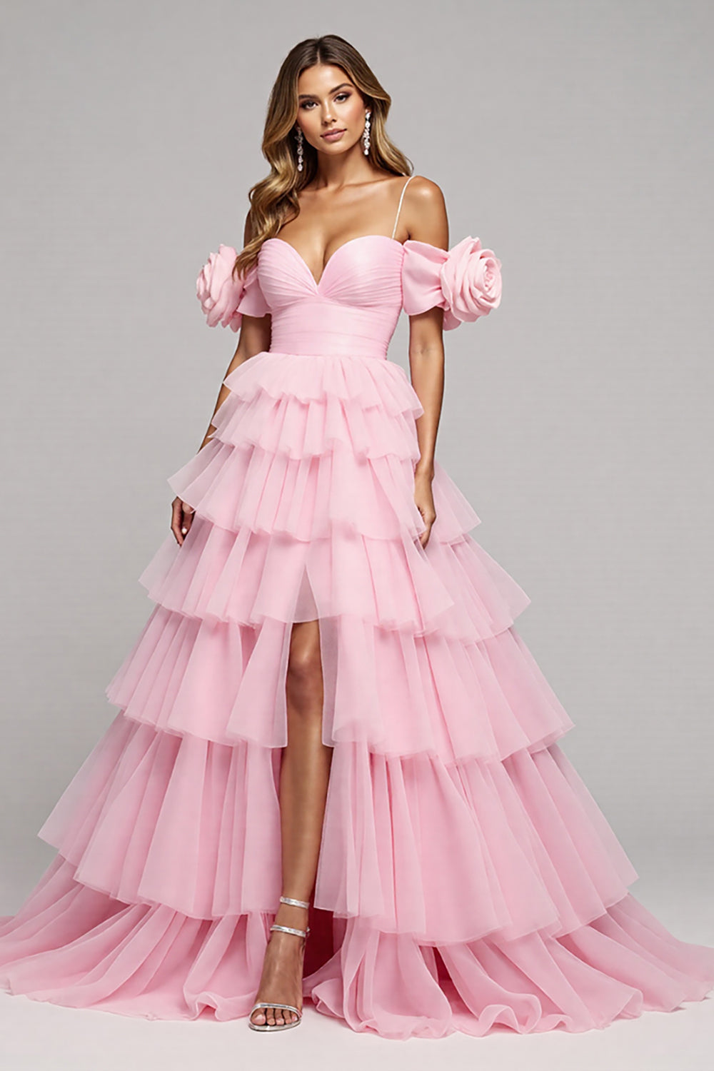 Pink Floral Tulle Tiered A Line Long Formal Dress with Slit