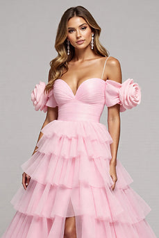 Pink Floral Tulle Tiered A Line Long Formal Dress with Slit