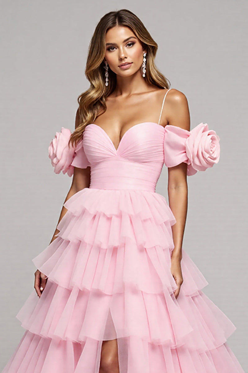 Load image into Gallery viewer, Pink Floral Tulle Tiered A Line Long Formal Dress with Slit