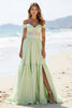 Load image into Gallery viewer, Green A Line Off the Shoulder Long Formal Dress with Slit