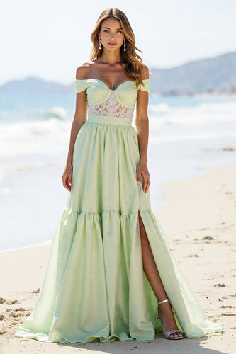 Green A Line Off the Shoulder Long Formal Dress with Slit