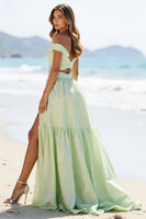 Load image into Gallery viewer, Green A Line Off the Shoulder Long Formal Dress with Slit