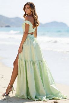 Green A Line Off the Shoulder Long Formal Dress with Slit